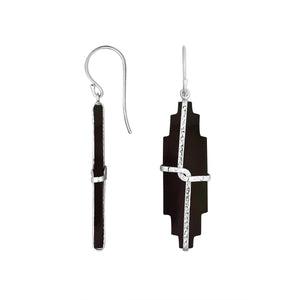 Black shell stepped earrings with hammered silver bar