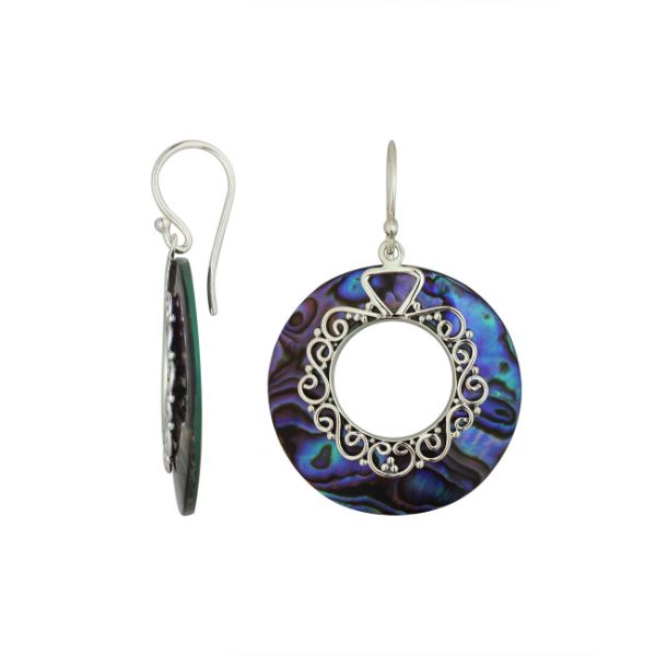 Round abalone shell earrings with silver filigree center