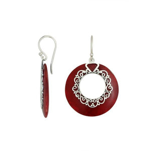 925 Sterling Silver Red Coral Filigree Round Earrings