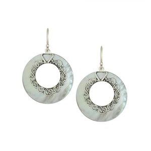 Mother Of Pearl Silver Round Filigree Earrings With Earwire For Wholesale