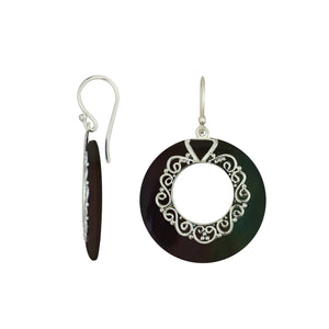925 Sterling Silver Black Shell Filigree Round Earrings