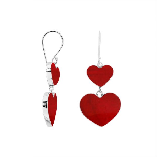 925 Sterling Silver Red Coral Double Layered Heart Earrings