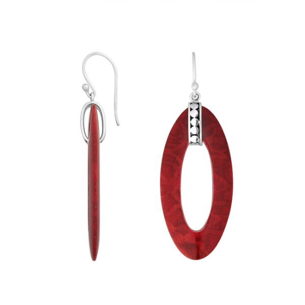 925 Sterling Silver Red Coral Elongated Oval Drop Earrings