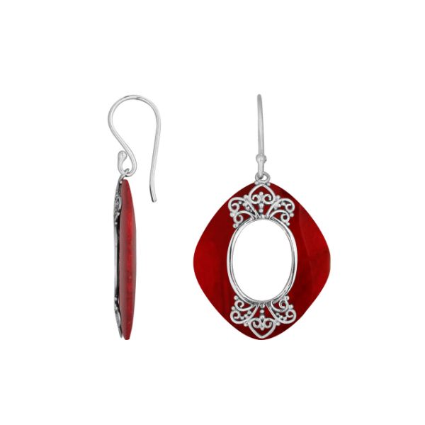 925 Sterling Silver Red Coral Cushion Filigree Earrings