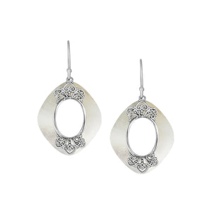 925 Sterling Silver Mother Of Pearl Cushion Filigree Earrings