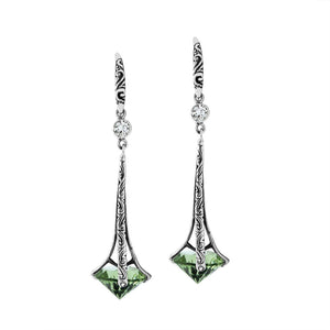 Sterling Silver Long Drop Earrings With Green Amethyst Quartz