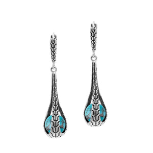Sterling Silver Bali Handcrafted Drop Earrings With Turquoise Shell Inlay And Oxidized Finish
