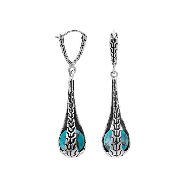 Sterling Silver Bali Handcrafted Drop Earrings With Turquoise Shell Inlay And Oxidized Finish