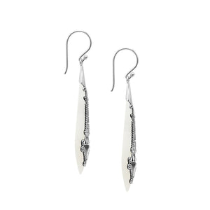 Silver elongated earrings with Mother Of Pearl and ornate scroll details