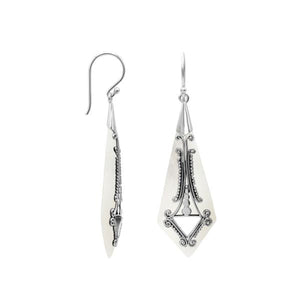 Silver elongated earrings with Mother Of Pearl and ornate scroll details
