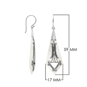 Silver elongated earrings with Mother Of Pearl and ornate scroll details