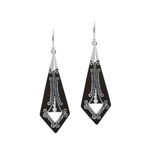 Silver elongated earrings with Black Shell and ornate scrollwork