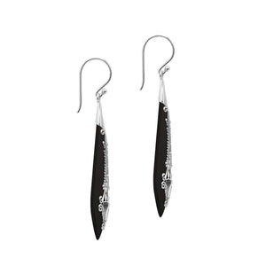 Silver elongated earrings with Black Shell and ornate scrollwork