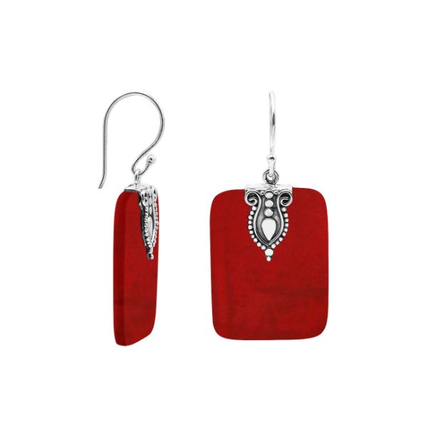 Rectangular Red Coral earrings with ornate silver top