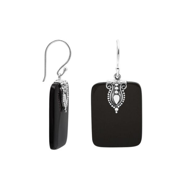 Rectangular Black Shell earrings with ornate silver top