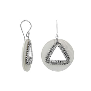 Mother Of Pearl round earrings with silver beaded triangular cut-out.