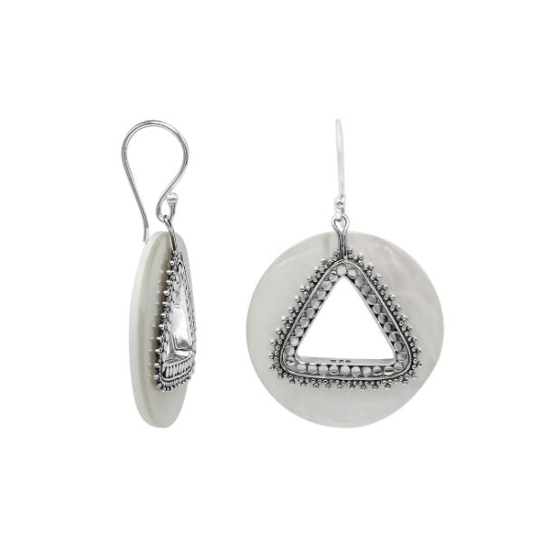 Mother Of Pearl round earrings with silver beaded triangular cut-out.