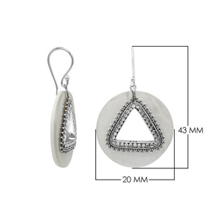 Mother Of Pearl round earrings with silver beaded triangular cut-out.