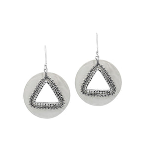 Mother Of Pearl round earrings with silver beaded triangular cut-out.