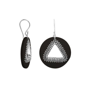 Black Shell round sterling silver earrings with beaded triangular cut-out.