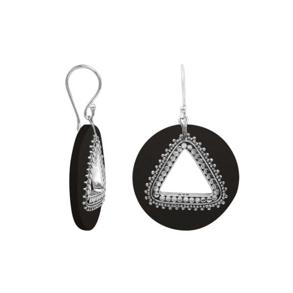 Black Shell round sterling silver earrings with beaded triangular cut-out.