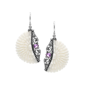 Sterling silver carved bone floral earrings with Amethyst Quartz and earwire lock