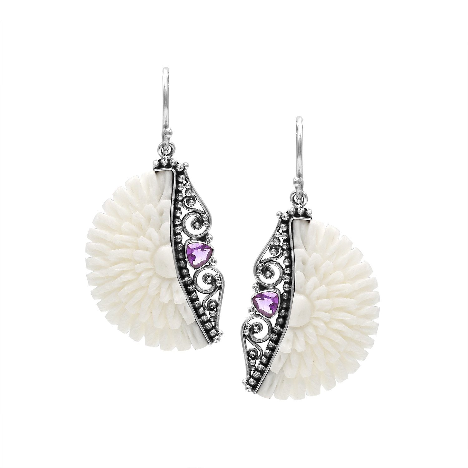 Sterling silver carved bone floral earrings with Amethyst Quartz and earwire lock
