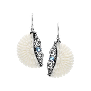 Sterling silver floral carved bone earrings with Blue Topaz quartz and earwire lock