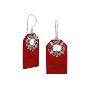 Red Coral geometric earrings with silver filigree frame