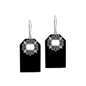 Black Shell rectangular earrings with silver filigree frame