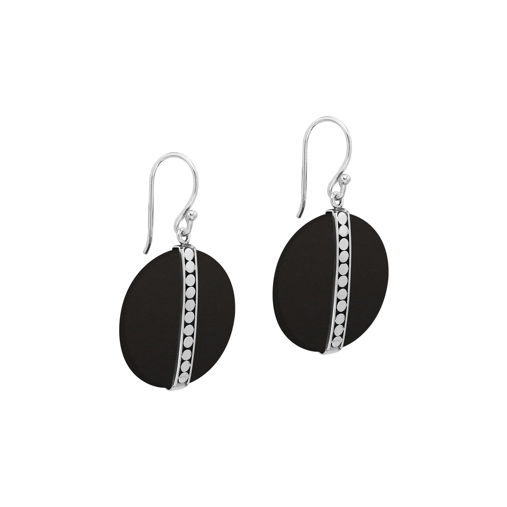 Sterling silver round Black Shell dangle earrings