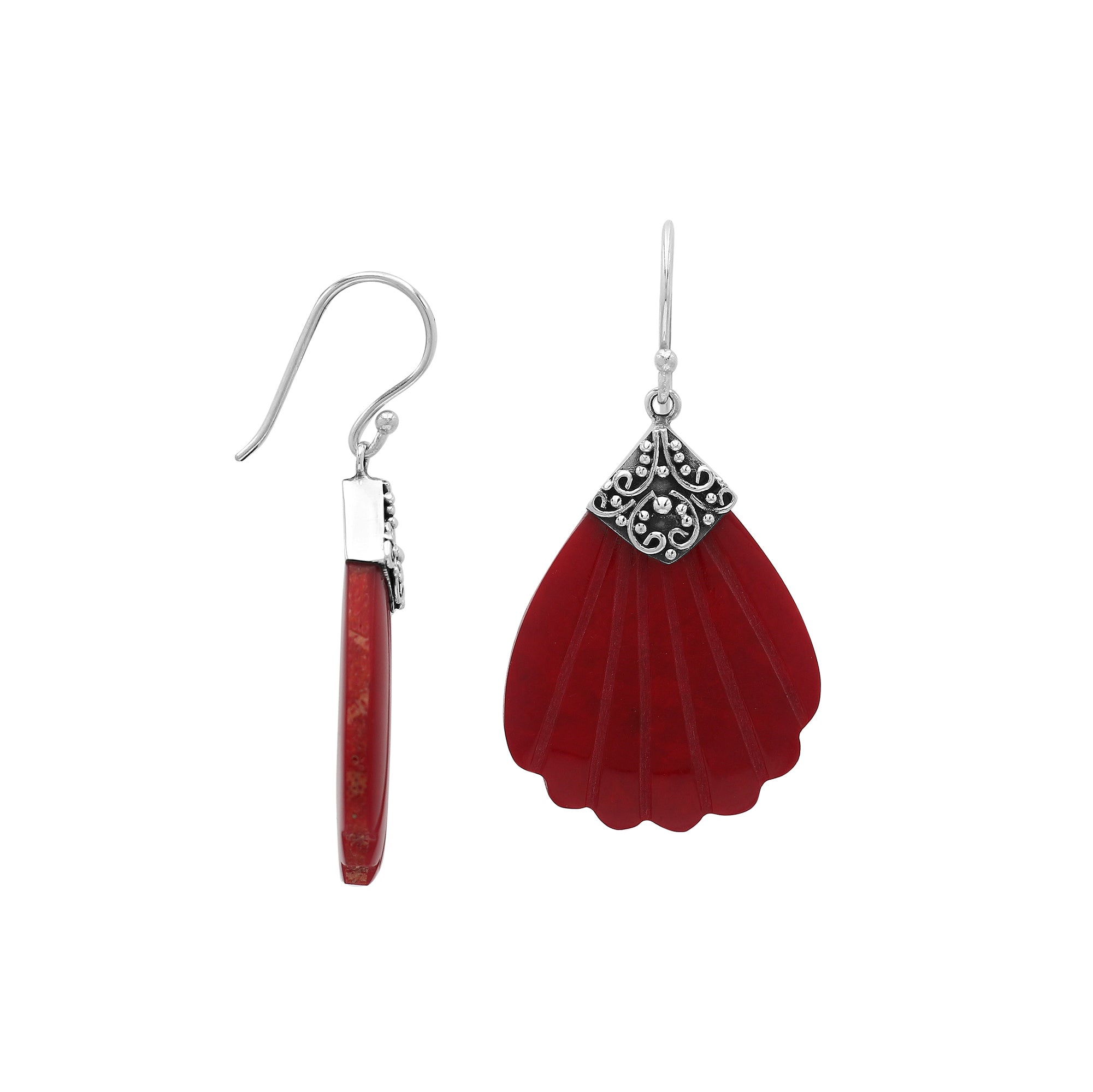 Sterling silver shell-shaped Red Coral dangle earrings