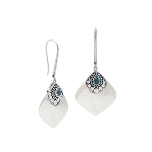 Sterling Silver Earrings With Mother Of Pearl And Blue Topaz Quartz Accent