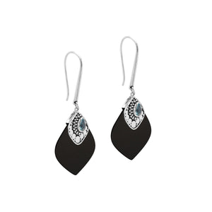 Sterling Silver Earrings With Black Shell And Blue Topaz Quartz Diamond Design