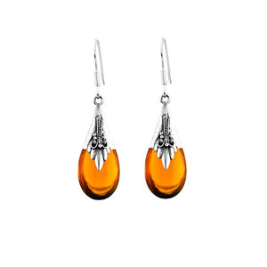 Sterling Silver Amber Teardrop Floral Pattern Drop Earrings