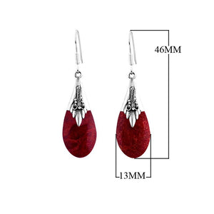 Sterling Silver Red Coral Teardrop Floral Pattern Drop Earrings