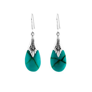 Sterling Silver Turquoise Shell Teardrop Floral Pattern Drop Earrings