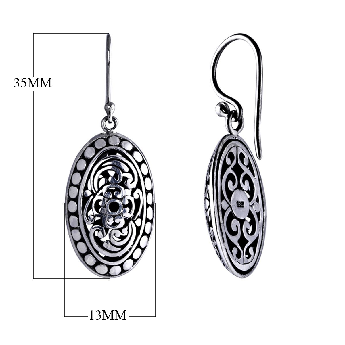 Sterling Silver Oval Filigree Dot Pattern Drop Earrings