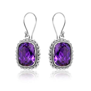Silver earrings with faceted rectangular Amethyst Quartz and beaded border