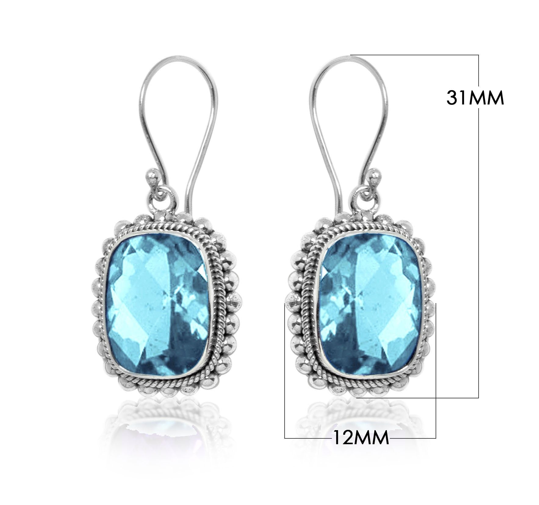 Silver earrings with faceted rectangular Blue Topaz Quartz and beaded edging
