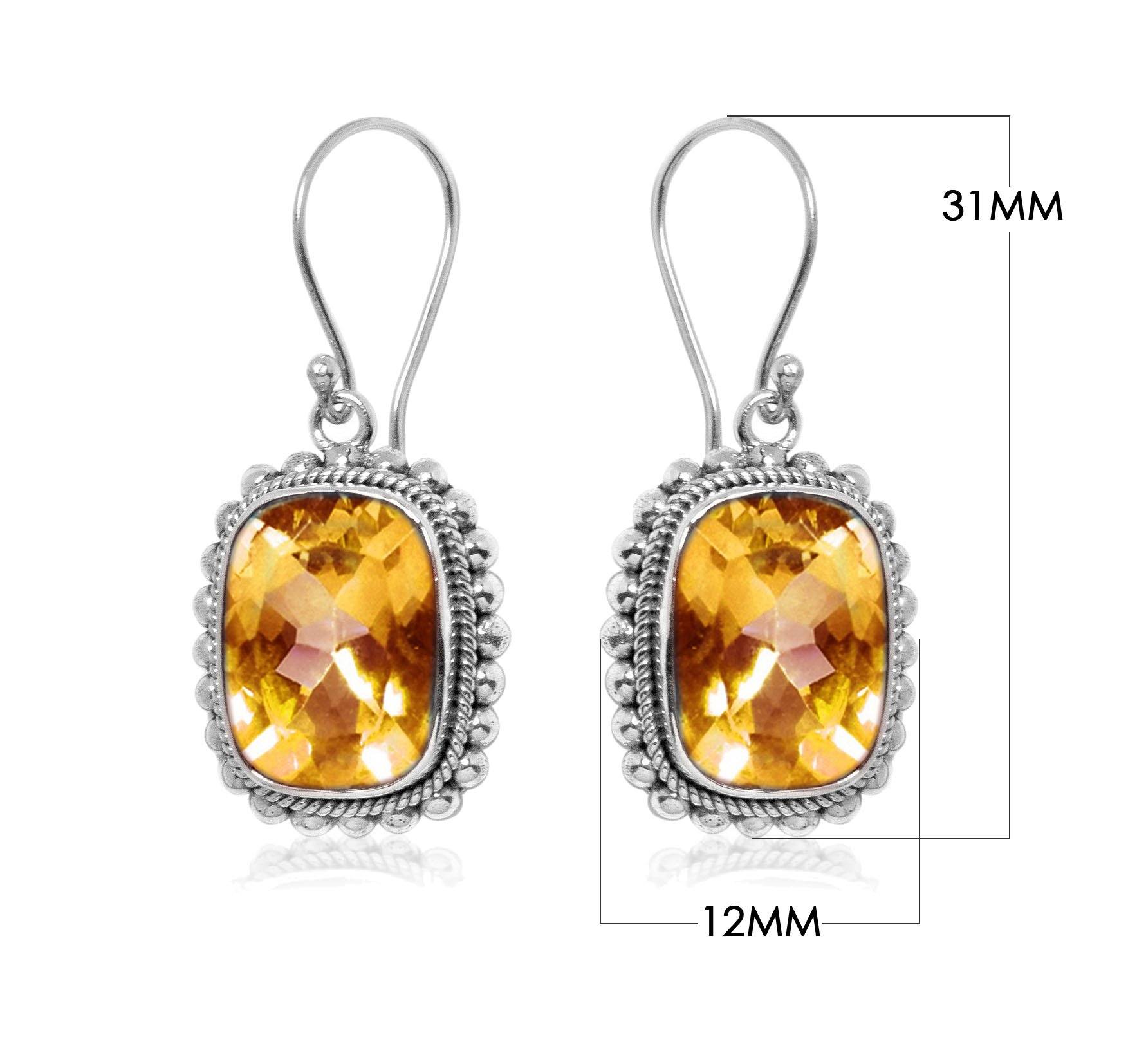 Cushion Citrine Quartz silver drop earrings with artistic beaded frame