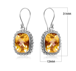 Cushion Citrine Quartz silver drop earrings with artistic beaded frame