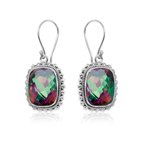 Silver earwire earrings with cushion Mystic Quartz and beaded frame