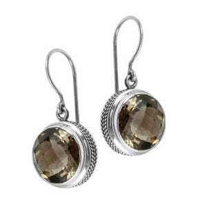 Smokey Topaz Quartz round silver earrings with rope frame