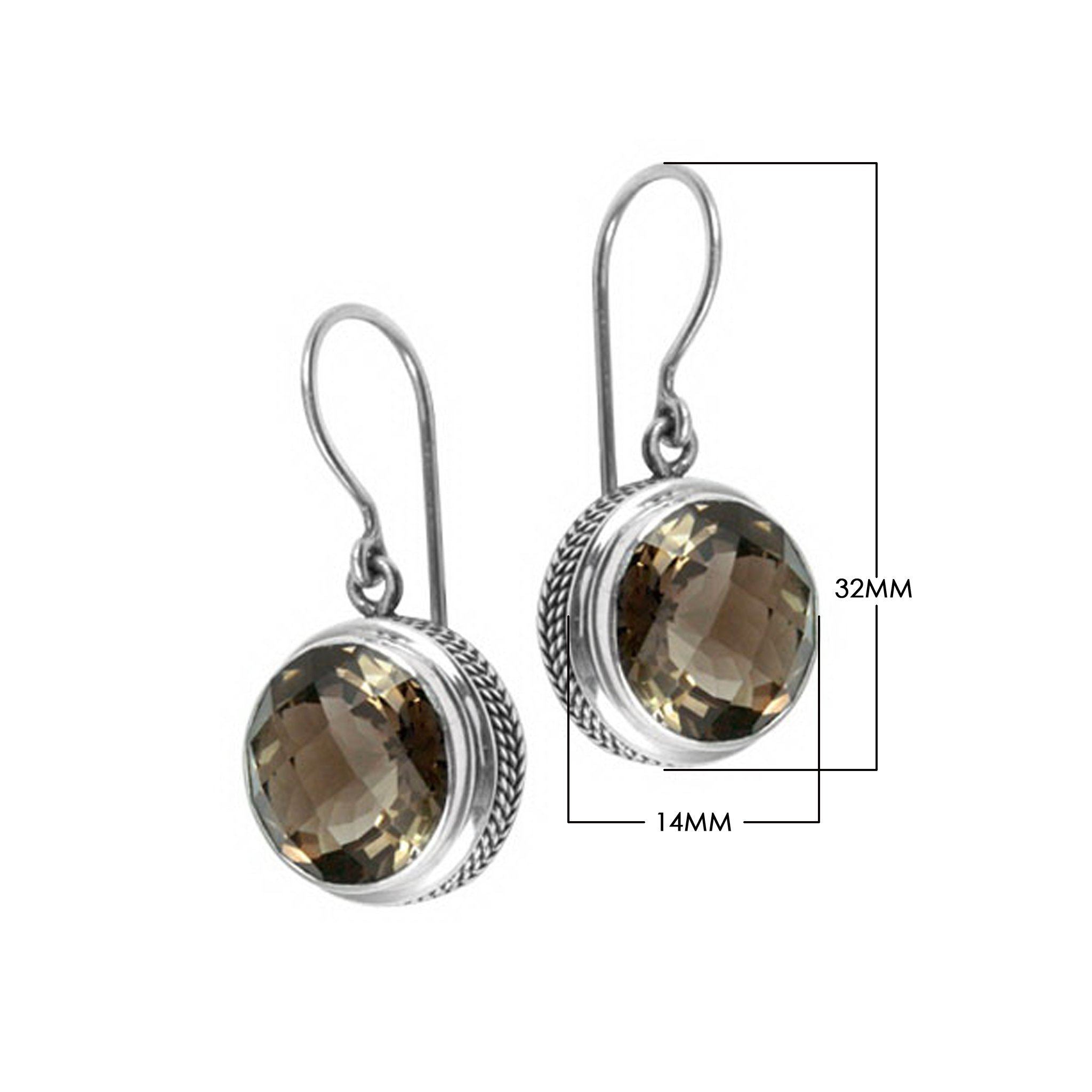 Smokey Topaz Quartz round silver earrings with rope frame