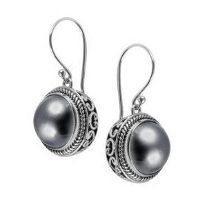 Wholesale sterling silver Grey Mabe Pearl earrings with structured frame and earwire lock.