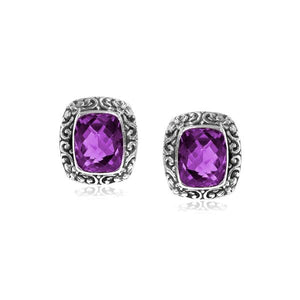 Wholesale sterling silver Amethyst Quartz cushion stud earrings with polished finish and push-back lock.