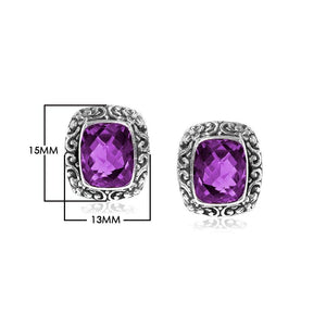 Wholesale sterling silver Amethyst Quartz cushion stud earrings with polished finish and push-back lock.