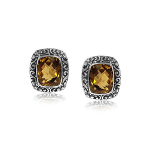 Wholesale sterling silver Citrine Quartz cushion stud earrings with polished finish and push-back lock.