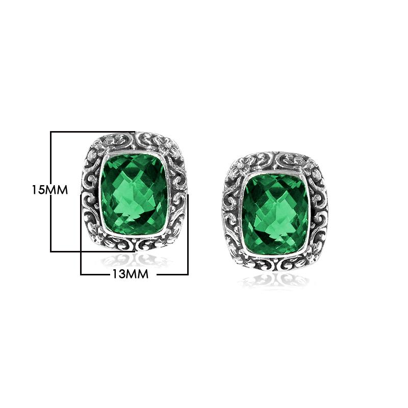 Wholesale sterling silver Green Quartz cushion stud earrings with polished finish and push-back lock.
